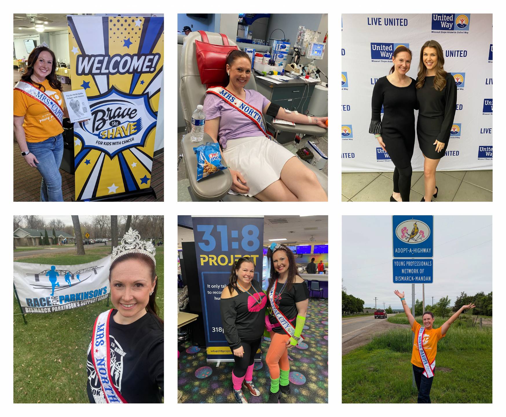 A photo collage of different ways Dana Henry gives back to the community including brave the shave events, donating blood, adopting a highway, united way, race against Parkinson's, and the 31:8 project.