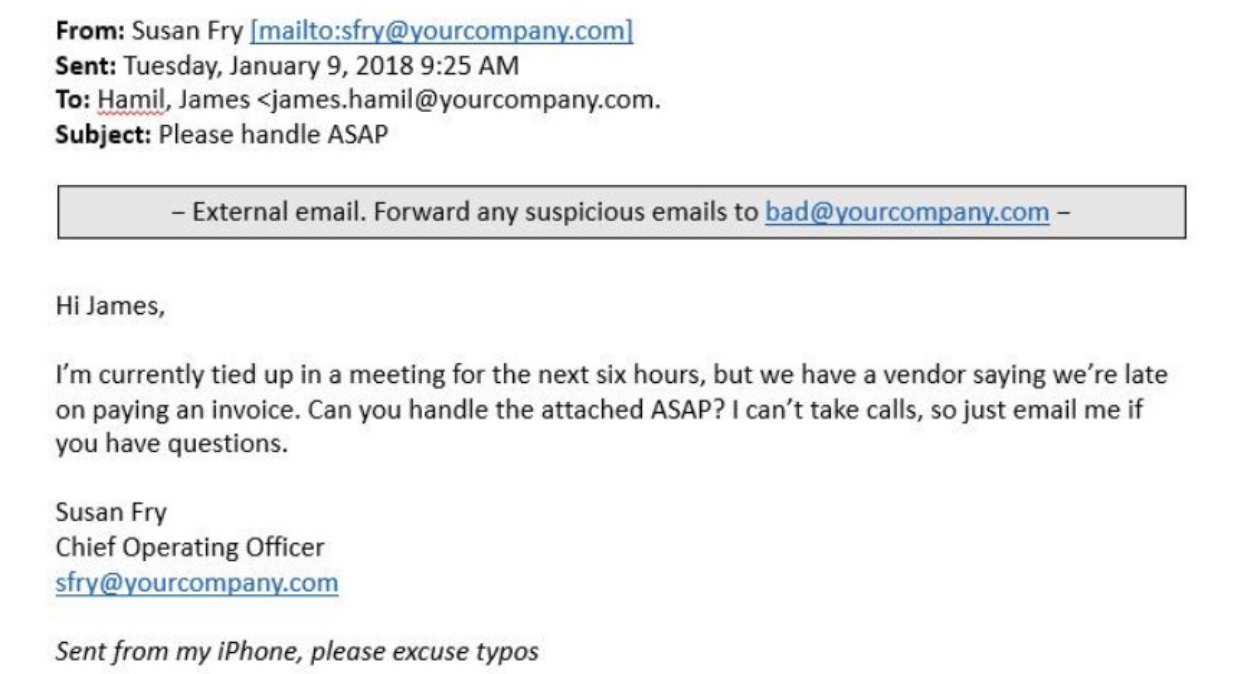 example Business Email Compromise email. subject line says please handle ASAP. message relays urgency as the sender says they are tied up in a meeting for several hours, they can't take any calls, and the invoice needs to be handled quickly