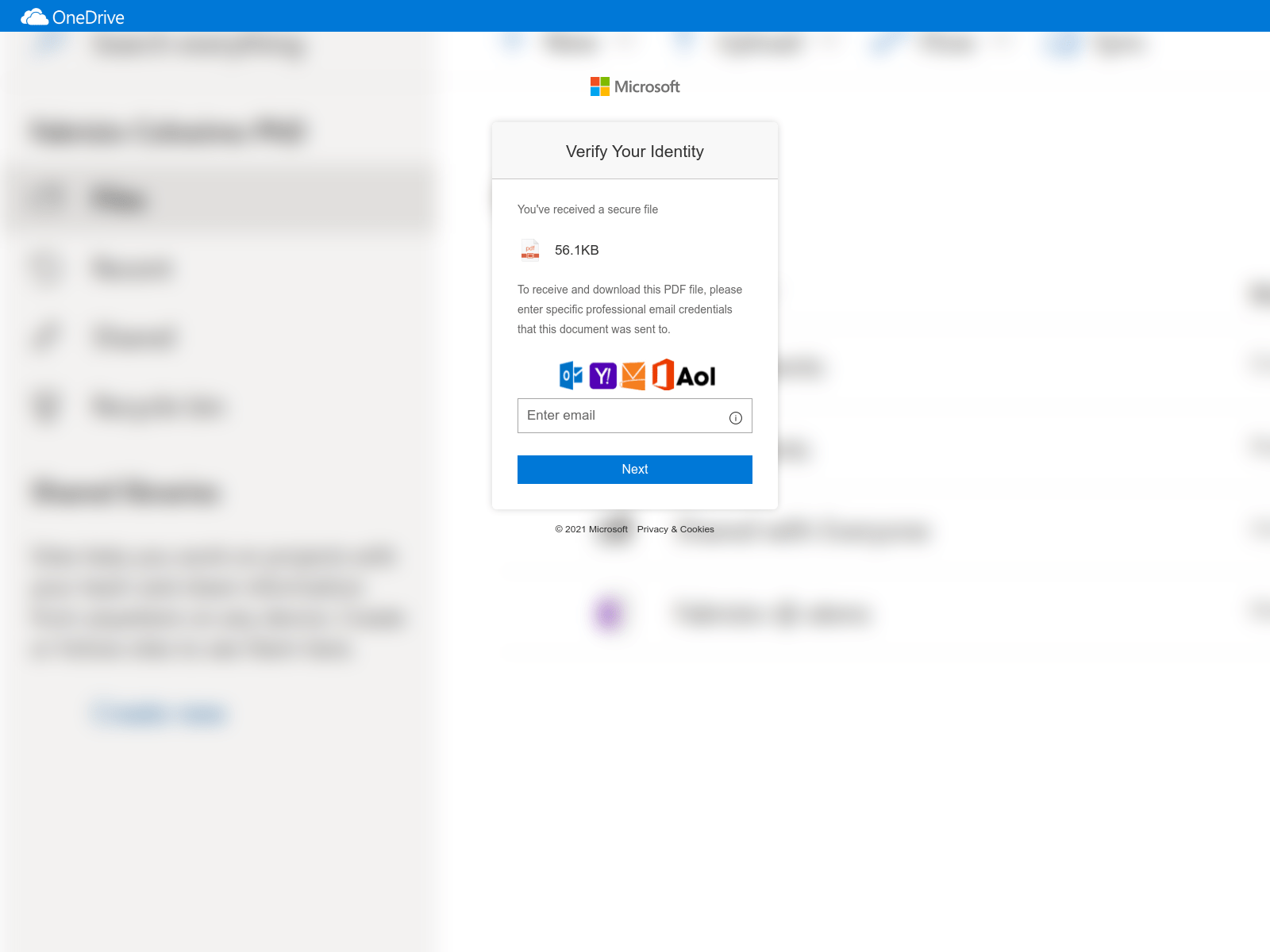 credential harvesting website onedrive example verify your identity you have received a secure file enter your email address