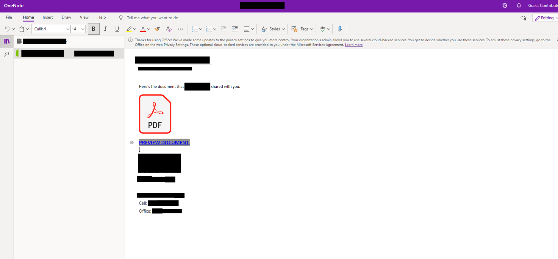 credential harvesting example onenote link to a pdf document that has been shared with you