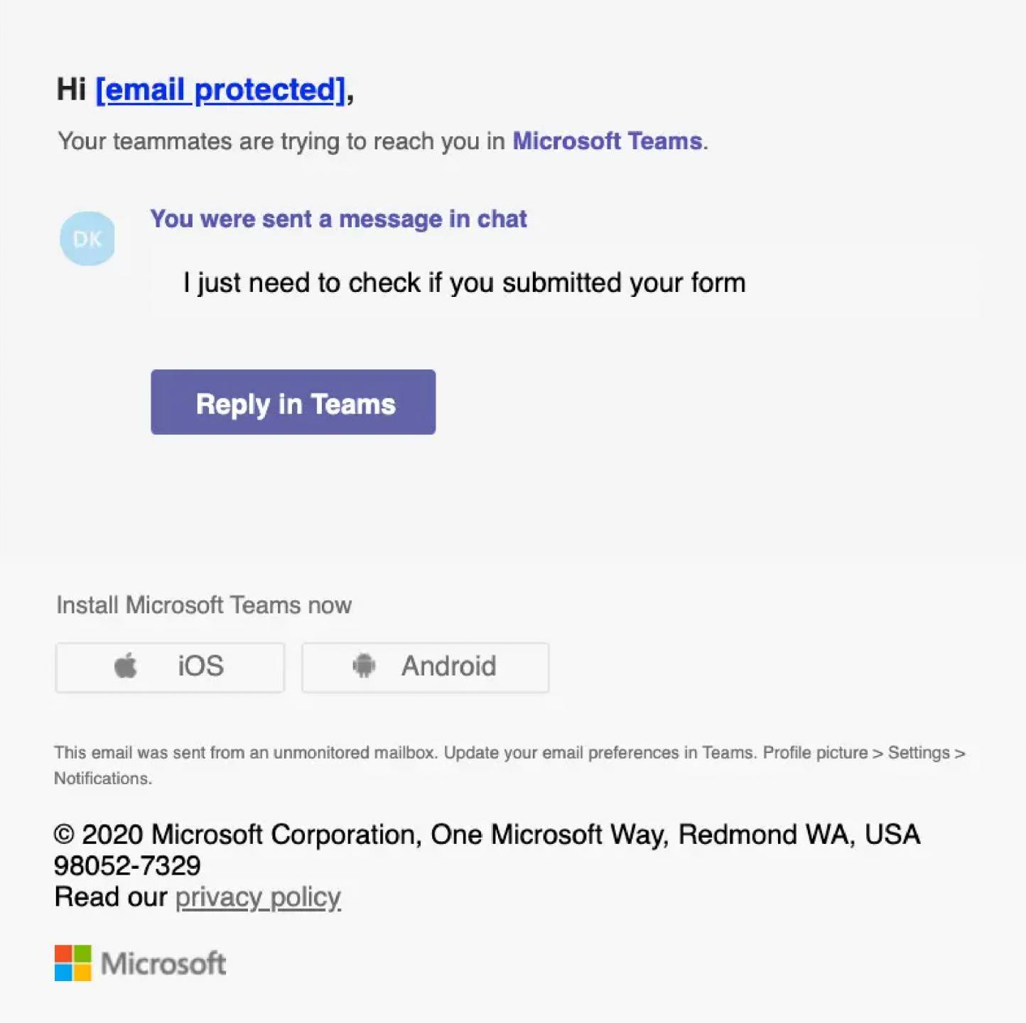 credential harvesting example of notification that a teammate is trying to reach you in microsoft teams asking for you to check if you submitted a form